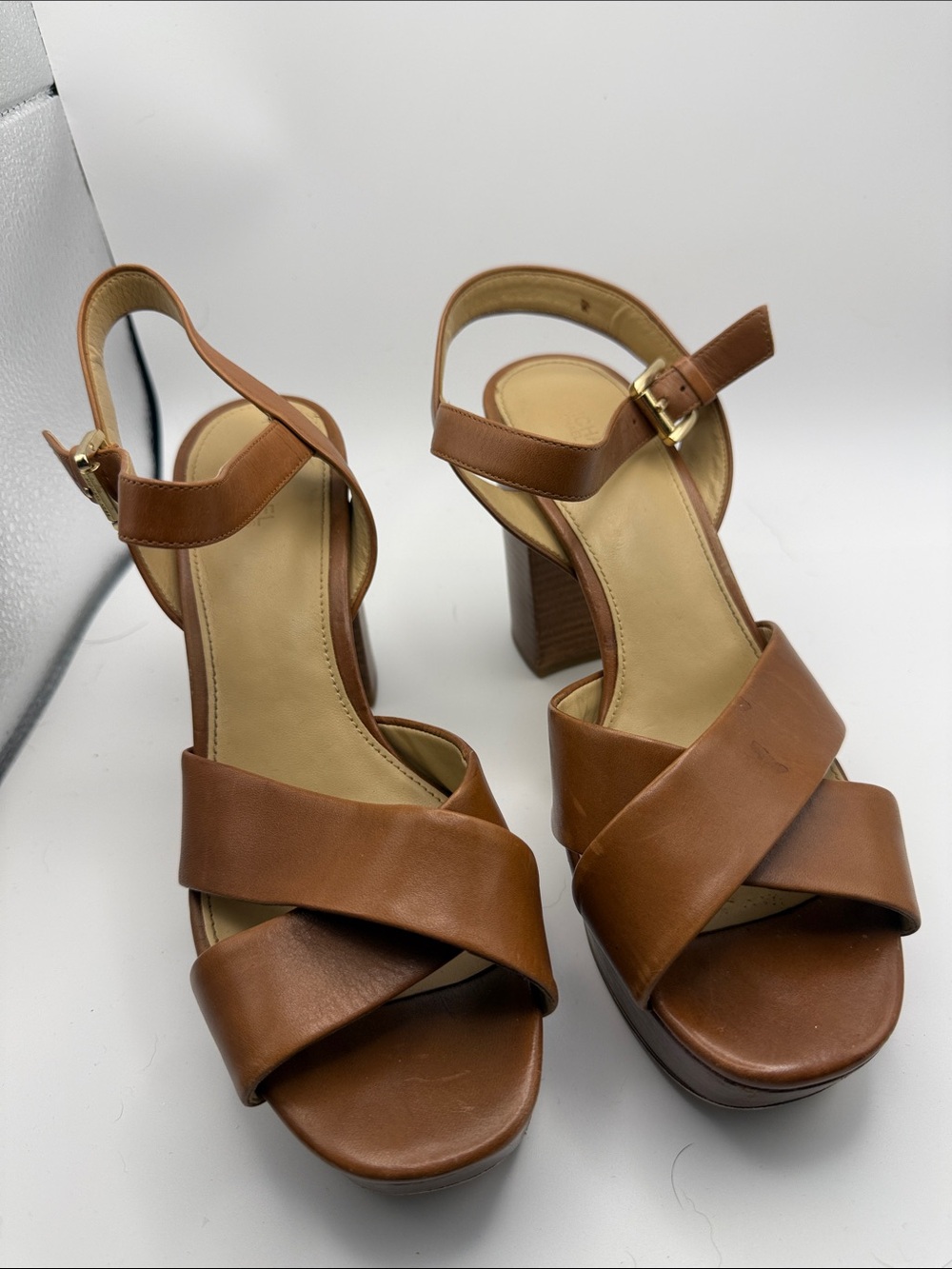 Michael Kors Tan Brown Leather Crisscross Block Heel Sandals